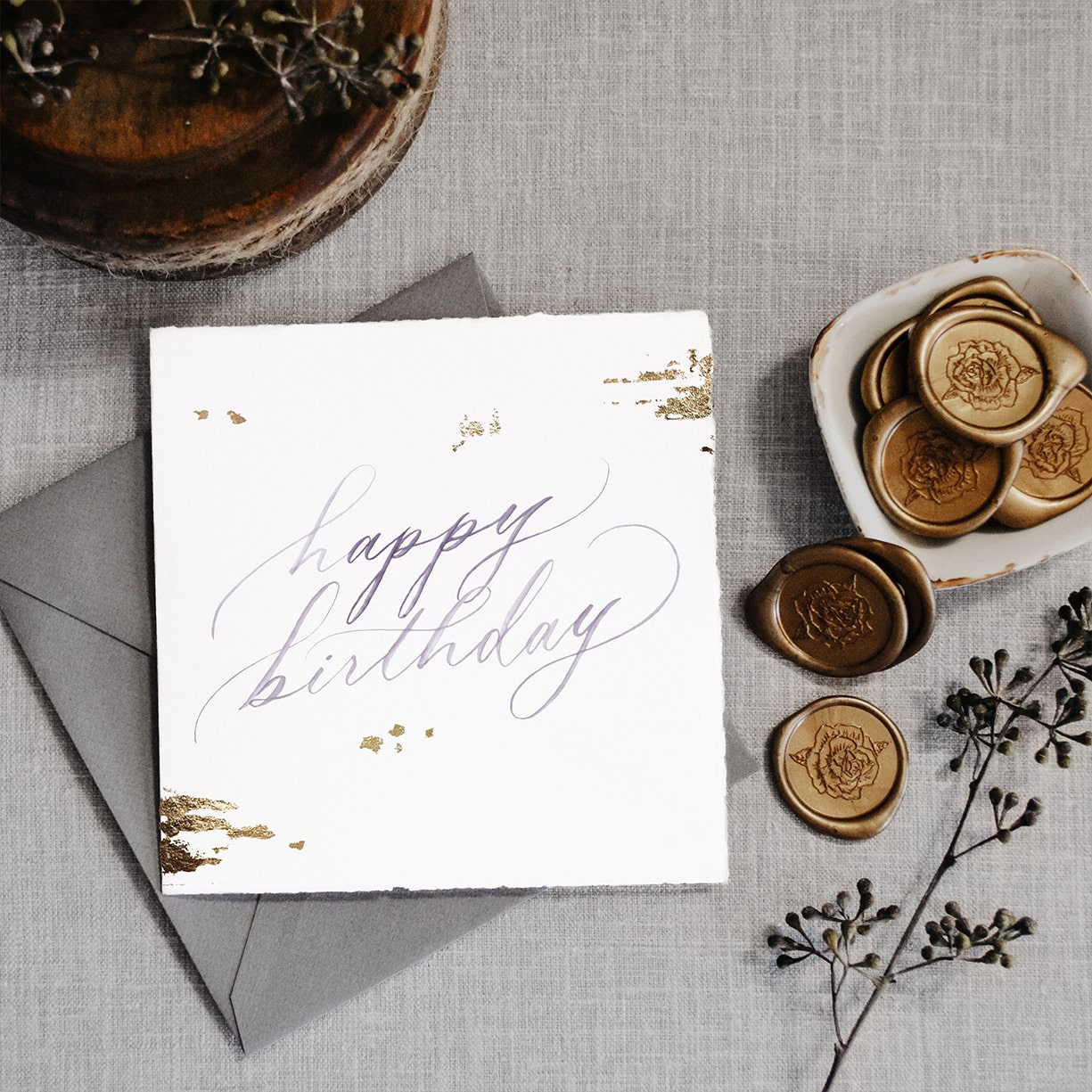 greeting card - happy birthday purple - gold leaf - courtney rose design